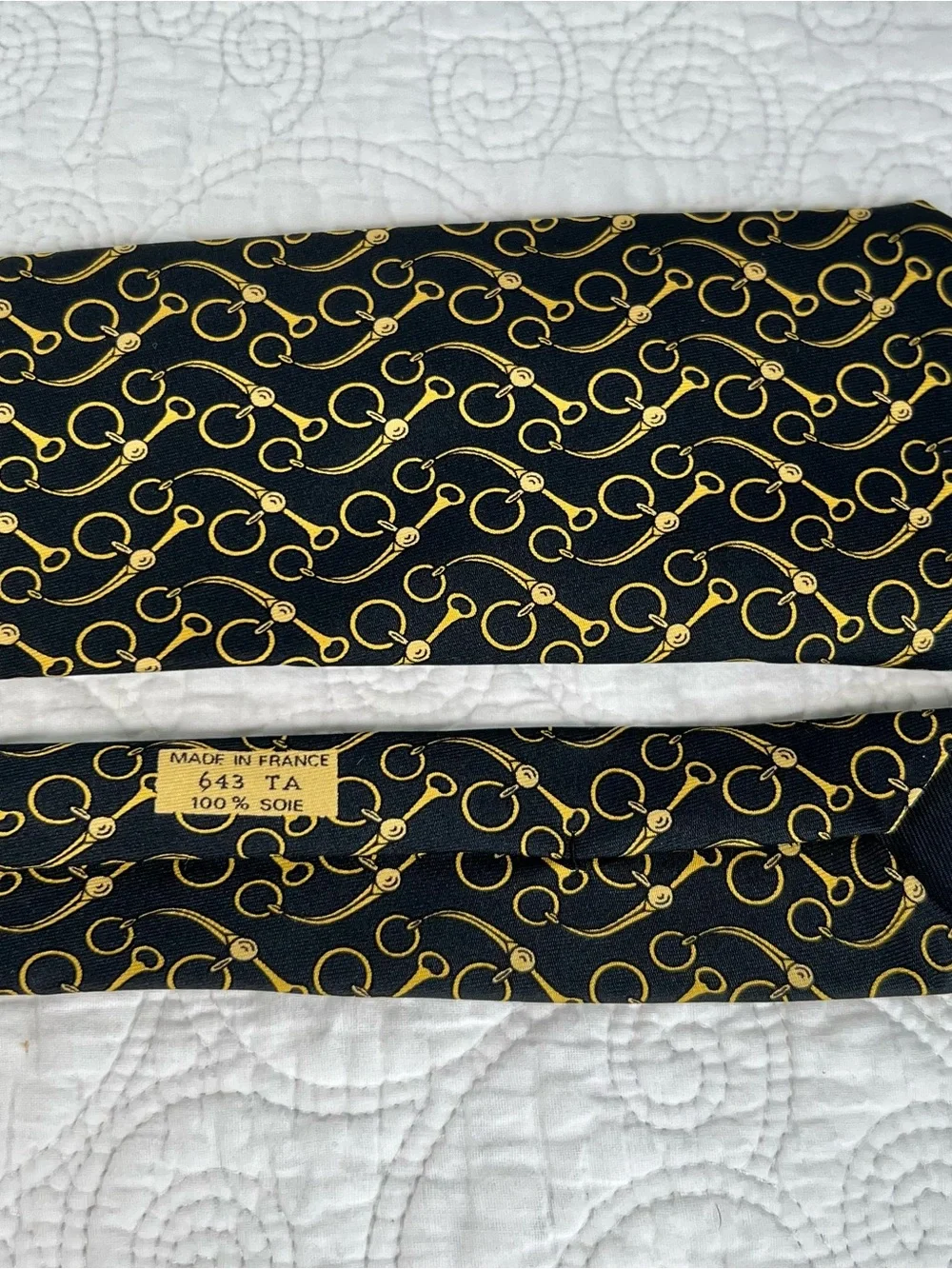 Vintage Hermès Silk Tie 643 TA Black Gold Horsebit Equestrian Scarf Print France